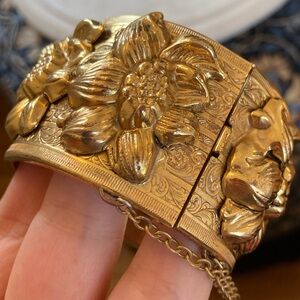 Antique 1920s/30s Ornate Engraved Wide Bangle Bracelet w/Safety Chain